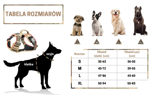 Szelki dla psa typu GUARD BEST FRIENDS tabela rozmiarów